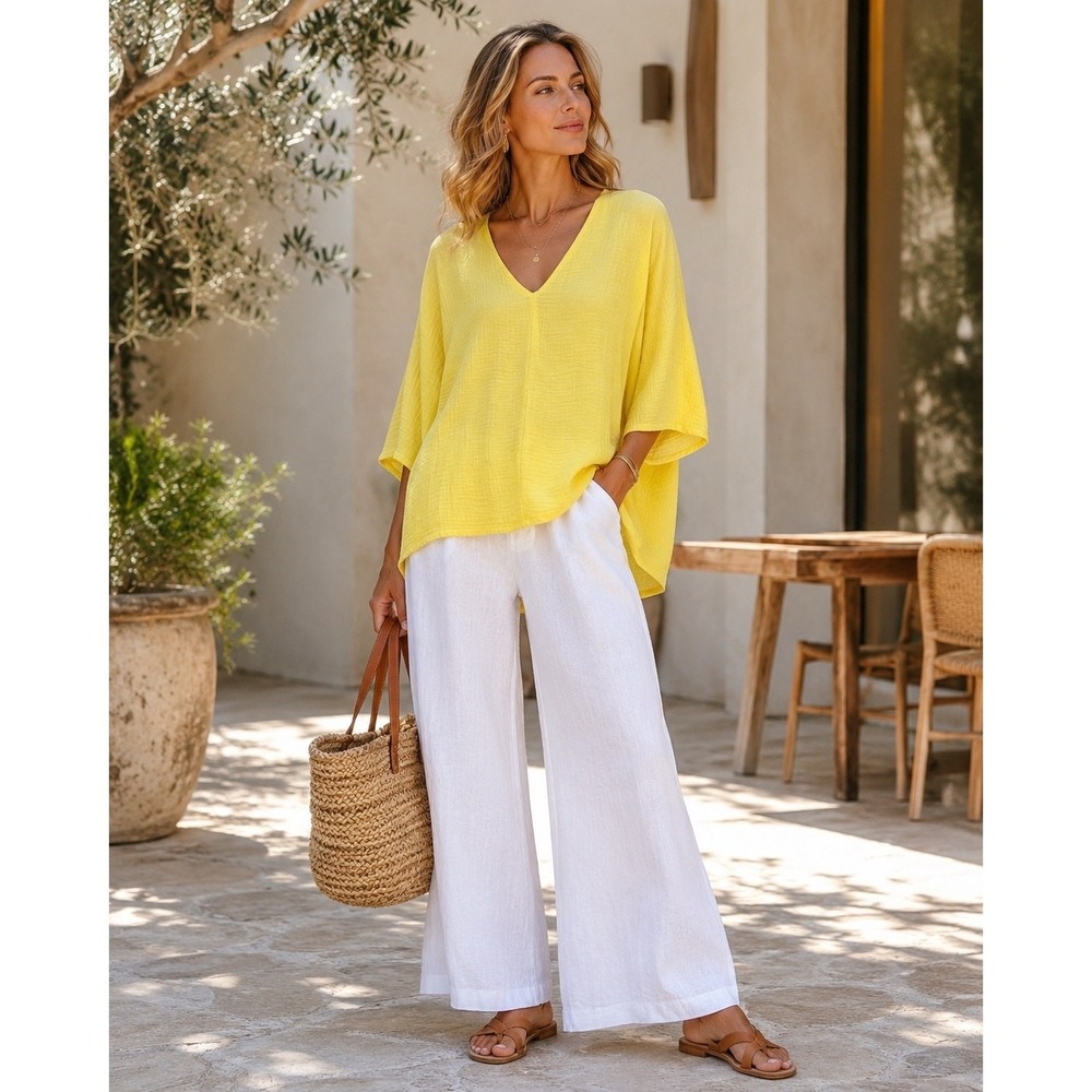 Bryn Walker Yellow Crinkled Gauze V-Neck Oversized Blouse Top Wide Sleeve Large
